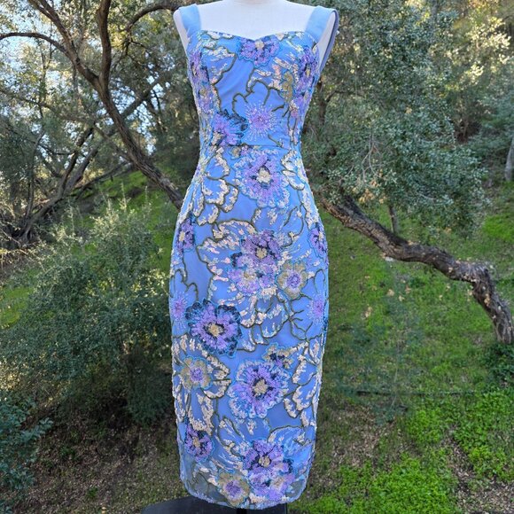 NWT $298 DRESS THE POPULATION NICOLE DRESS IN SKY BLUE MULTI SIZE S - Picture 3 of 9